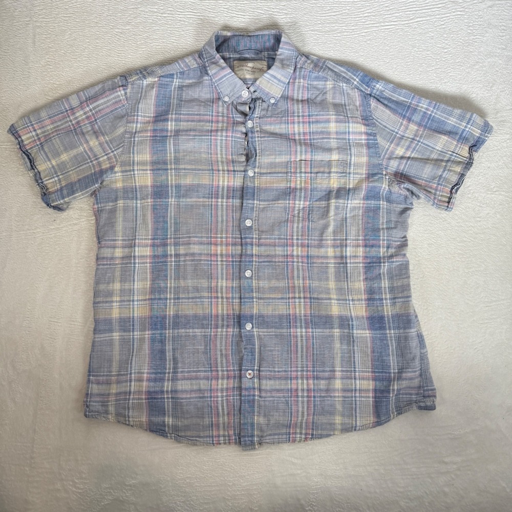 Weatherproof Vintage Mens Blue Pink Plaid XL Cotton Button Down Shirt